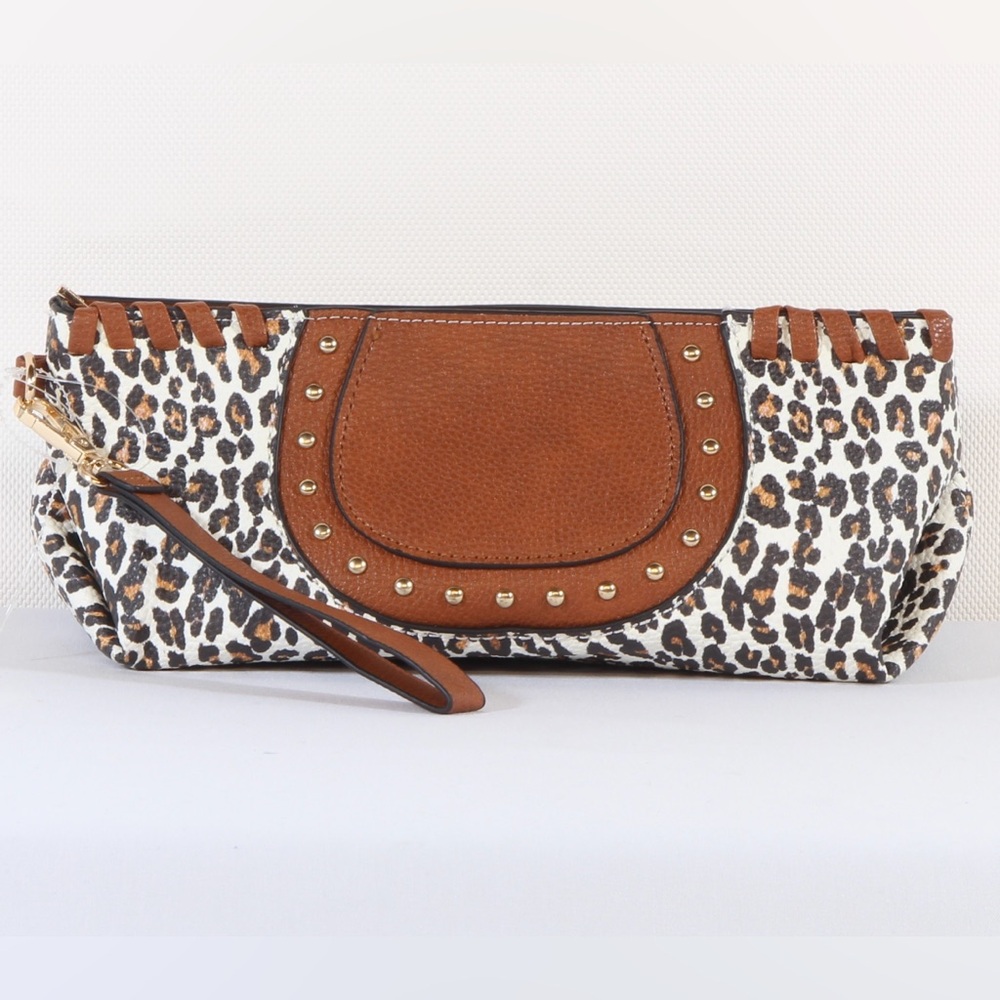 Rampage Leopard Print Clutch with Brown Accents & Gold-tone Studs